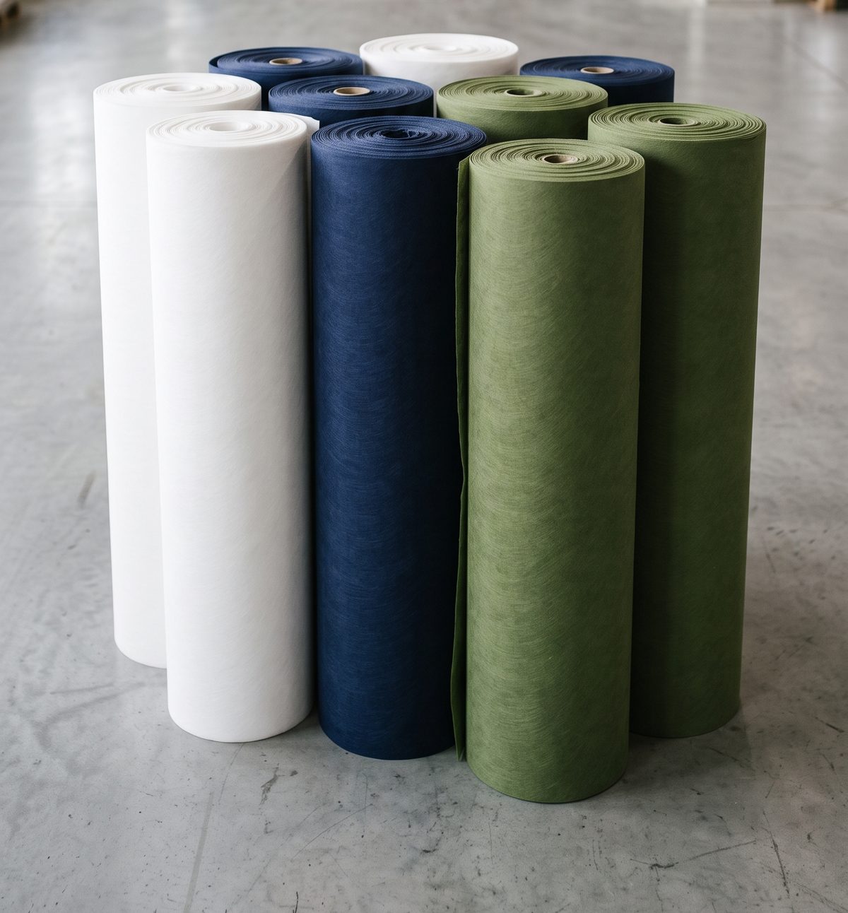 Rolos de tecido não-tecido em branco, azul-marinho e verde-musgo